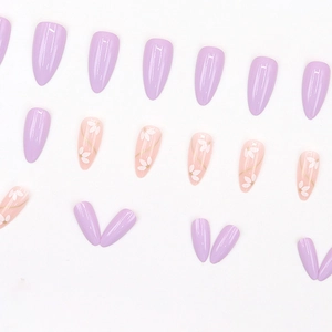 Elegant lavender and floral almond press-on nails set with gold accents and 24 pieces