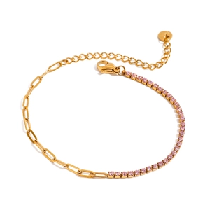 18k gold plated stainless steel hybrid bracelet with pink gemstones and lobster clasp