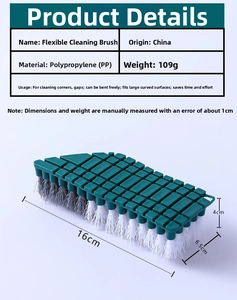 Macro detail of a flexible green cleaning brush with size dimensions 16x6.5x4cm