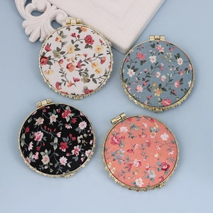 Portable Foldable Makeup Mirror Floral Fabric Gold Metal Frame Vintage Pocket Double Sided Compact Travel Beauty Tool