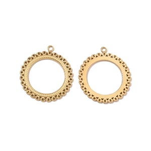 Macro detail of gold stainless steel woven and hollow charms for jewelry making