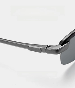 Detail shot of lightweight matte black PC temples with precision screw hinge structure