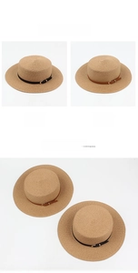 Flat top straw boater hats with black and brown leather bands shown in detail