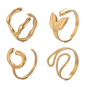 Minimalist Stainless Steel Open Ring For Women 14K Gold Plated Geometric C-Shape Adjustable Leaf Lava Texture Finger Ring Jewelry
