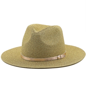 Golden woven straw sun hat with champagne faux leather belt buckle accent for women