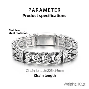 Detailed specs of men's stainless steel bracelet with vintage carvings and size info
