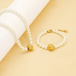 Elegant gold-plated stainless steel pearl necklace and bracelet jewelry set for women