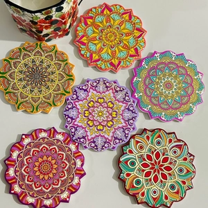 Set of six octagonal mandala ceramic coasters with vintage bohemian gold foil patterns