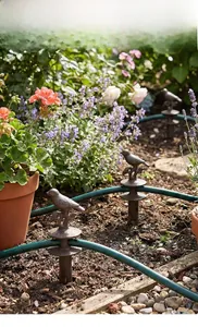 Detail view of retro cast iron garden bird stakes showing feather texture and rust finish