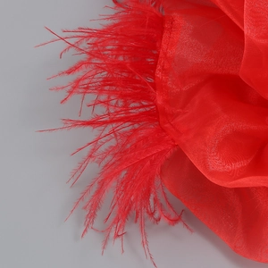 Close-up of vibrant red mesh fabric with dense ostrich feather trim on an evening dress