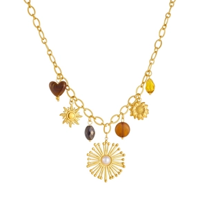 Collier bohème doré avec breloques soleil et cœur doté d'une perle centrale