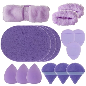 Detailed 15-piece purple makeup set including headband, wristbands, and assorted sponges