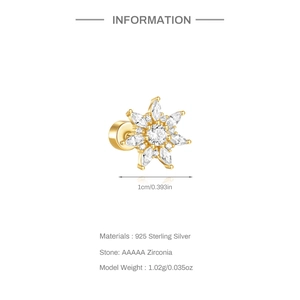 Detailed view of golden flower stud earring with AAAAA zirconia and 925 sterling silver info