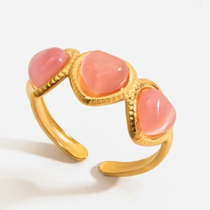 Bague Ouverte Réglable Douce en Acier Inoxydable Triple Cœur Rose Œil de Chat pour Femme Bijoux de Mode Cadeau