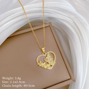 Detailed view of heart necklace with butterfly design and product specifications