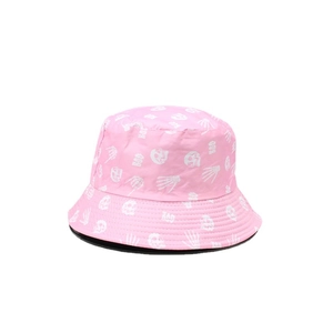 Pink sun bucket hat with white skull and BOO print shown in a clean flat lay style