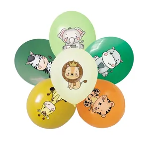 Detail of colorful latex balloons with cute safari animals for kid birthday party decor