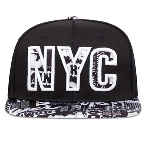 Flat brim NYC hip hop cap in black featuring graffiti print and 3D embroidery