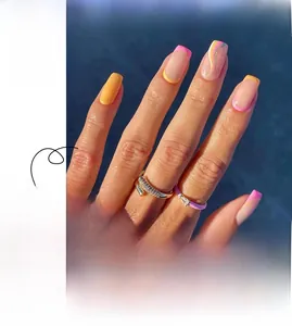 French tip press-on nails set with pink waves and yellow borders, style JP2259