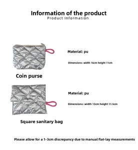 Detailed comparison of silver quilted coin purse and square sanitary bag with pink handles