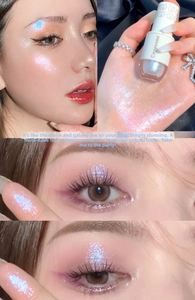 Detalle de sombra de ojos líquida plateada con brillo azul púrpura y tapa de oso