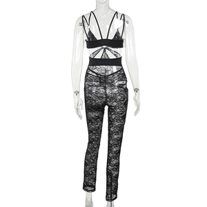 Detailed back view of sexy black lace bodysuit with crisscross multi-strap design