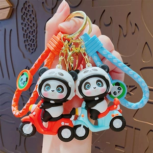 Cartoon Panda Motorcycle Keychain PVC Alloy Braided Strap Bag Charm Cute 3D Animal Locomotive Key Ring For Car Backpack