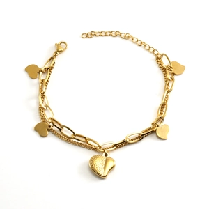 Double-layered 18k gold stainless steel bracelet with mixed heart pendants and lobster clasp