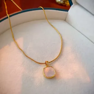 Luxury gold stainless steel snake chain necklace with pink shell inlay square pendant