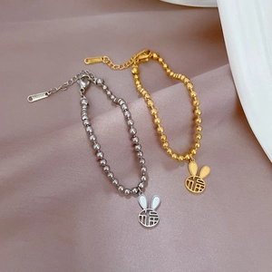 Bracciale di perline con coniglio in acciaio al titanio con ciondolo Fu oro e argento