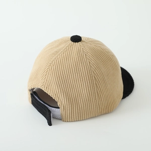 Back view of khaki corduroy baby baseball cap with adjustable strap and P letter logo