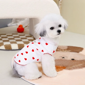 Breathable white dog t-shirt with red heart prints for small dogs and cats