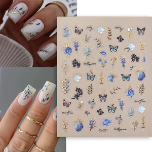 Autocollants Pour Ongles Relief 5D Gauffré Bleu Klein Rose Dorure Papillon Floral Feuille Imperméable Autocollant Pour Femmes
