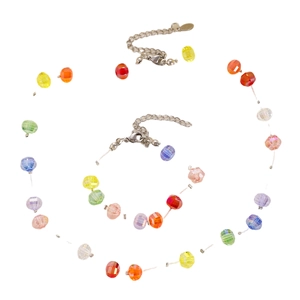 Detail of colorful faceted bead necklace and bracelet set with lobster clasp extensions