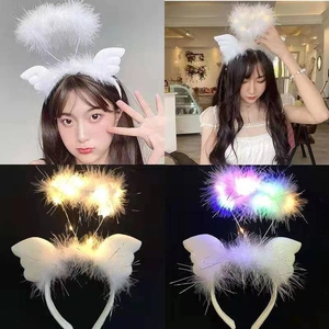 Luminous angel halo headband with white feathers and wings featuring dual lighting modes