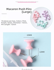 Détail de grandes punaises macaron rose, violet et vert pour panneaux de liège