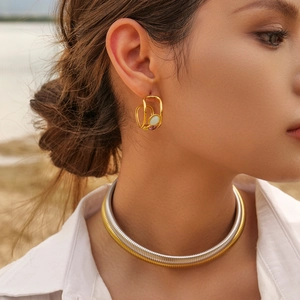 Close-up of 18K gold-plated geometric cage earrings and a mixed-metal bicolor choker