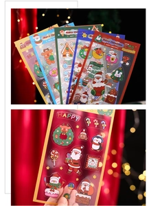 Close-up of transparent PET Christmas stickers featuring Santa and reindeer on festive background