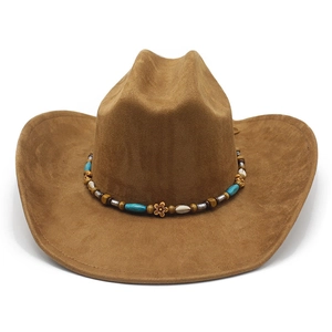 Detailed view of brown suede cowboy hat with turquoise beads and shell ethnic band
