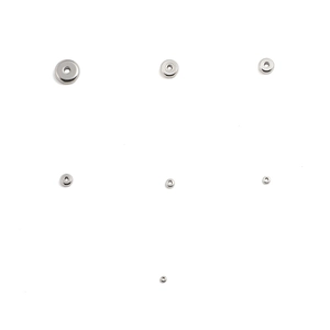 Flat stainless steel spacer beads in various sizes with a polished silver metallic finish