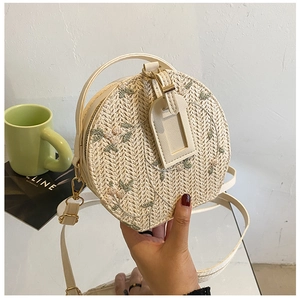 Detail of floral embroidery on a round straw handbag with white PU leather handle