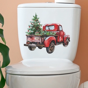 Christmas Toilet Sticker PVC Removable Red Vintage Truck Christmas Tree Bathroom Decal Holiday Home Decor Watercolor Style