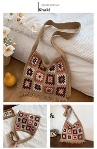 Close-up of khaki crochet knit bag with geometric flower patterns and fringe details