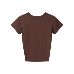 Detailed close-up of brown crew neck modal t-shirt with smooth knitted texture