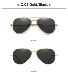 Vertical view of pilot style sunglasses featuring gold metal frames and black lenses