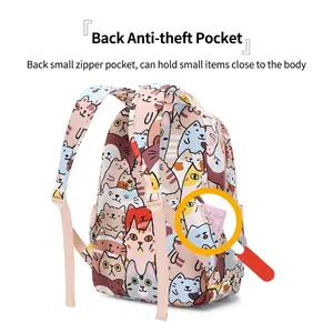 Waterproof cartoon cat print backpack featuring a secure hidden anti-theft back pocket