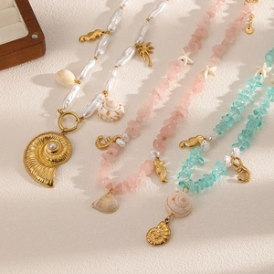 Ocean Beach Style Necklace Natural Stone Artificial Pearls Stainless Steel Shell Seahorse Charms Summer Vacation Jewelry For Women