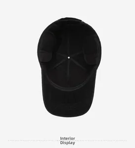 Interior view showing foldable ear flaps and fleece lining of the black winter baseball cap