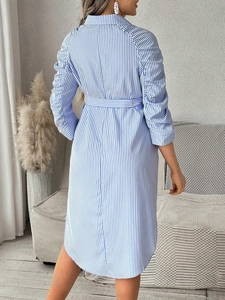 Back view of striped maternity shirt dress with three-quarter sleeves and belted waistline