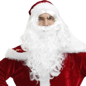 Santa Claus costume set with curly white wig, long beard, glasses and red velvet suit
